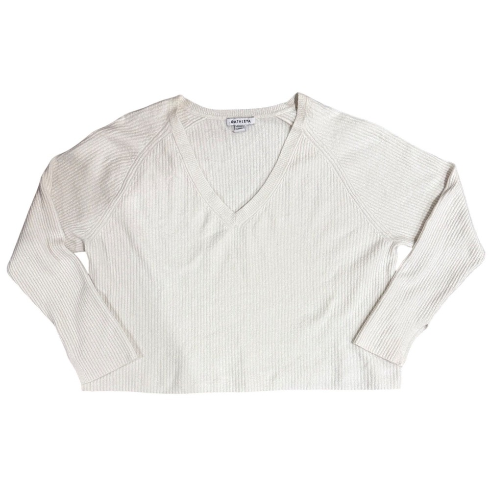 Athleta Felicity Cozy V-Neck Sweater Magnolia White Ribbed Cashmere Blend Large - Picture 2 of 9